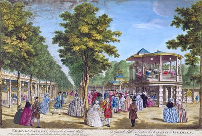 Uitzicht op de Grote Wandelgang bij de ingang van de Vauxhall Pleasure Gardens met het orkest dat speelt, gegraveerd door Muller door Samuel Wale